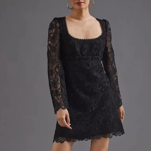 Maeve by Anthropologie Black Embroidered Lace Bell Sleeve Mini Dress - Picture 1 of 16